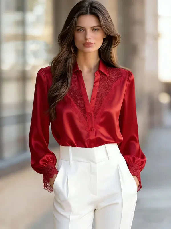 Elegant Style Long Sleeve Lace Patchwork Blouse Women's Commute V-Neck Shirt Polyester Fiber Printed Casual Top