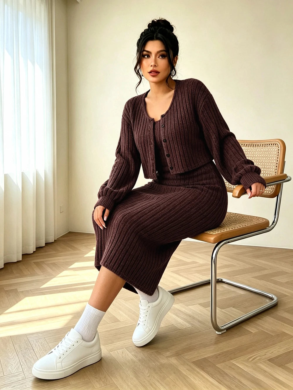 Plus-size women's new autumn ribbed knit drop-shoulder front-button jacket and fitted midi dress