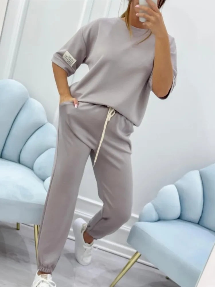 Fashion O Neck Short Sleeve Solid Color T-shirt Women Trousers 2-piece Set Summer Casual Sports Elastic Small Feet Trousers Suit