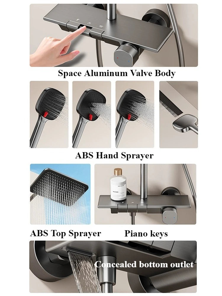 Grey Aluminum Shower Mixer Crane with Hand Shower Set Wall Mounted Bathroom Shower Faucet Set 3-way Rainlfall Showers System Set