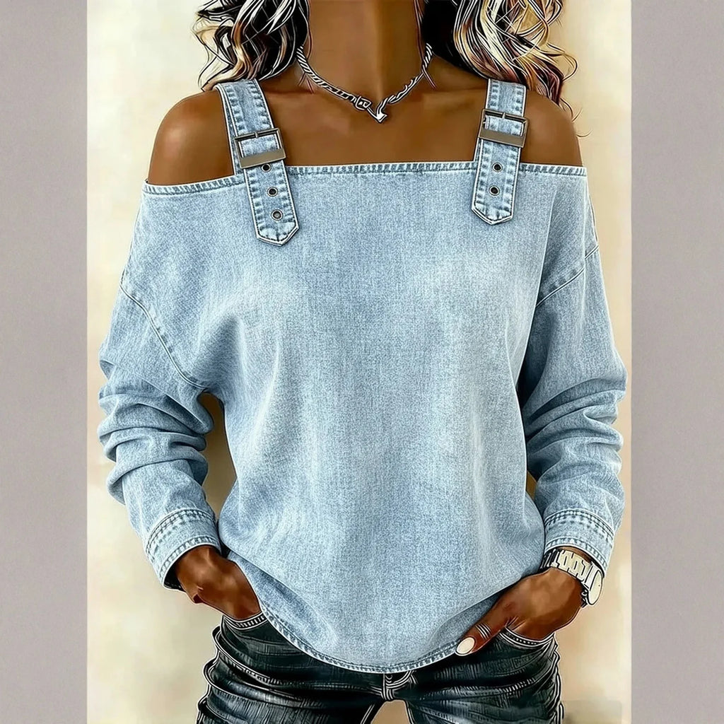 Women's Denim Top, Stylish Off-the-shoulder Long-sleeved Top with Shoulder Straps, Elegant and Versatile Denim Shirt, Streetwea