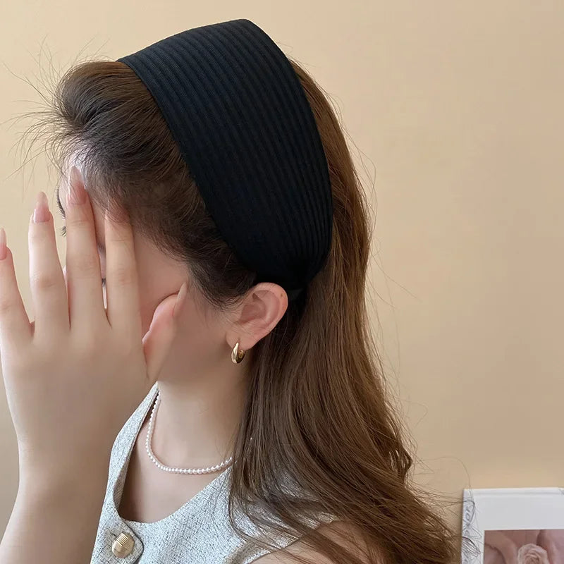 Solid Color Wide Edge Striped Yarn Headband High Head French Gentle Hair Accessory Popular Internet Celebrity Style