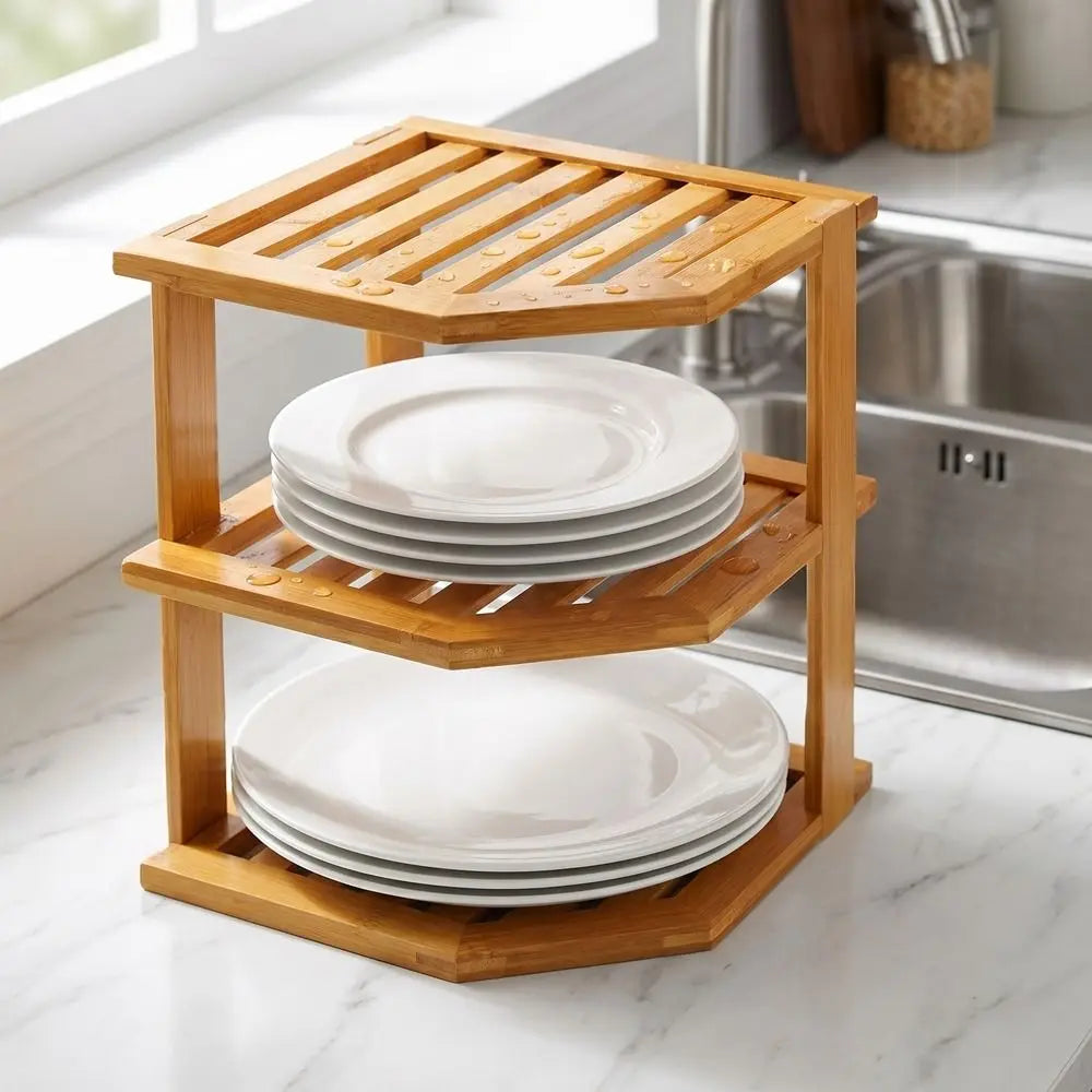 3 Tier Cabinet Organizer Shelf for Kitchen Storage Sturdy Plate Organizer Bamboo Corner Shelf Dish Rack for Cabinet Countertop