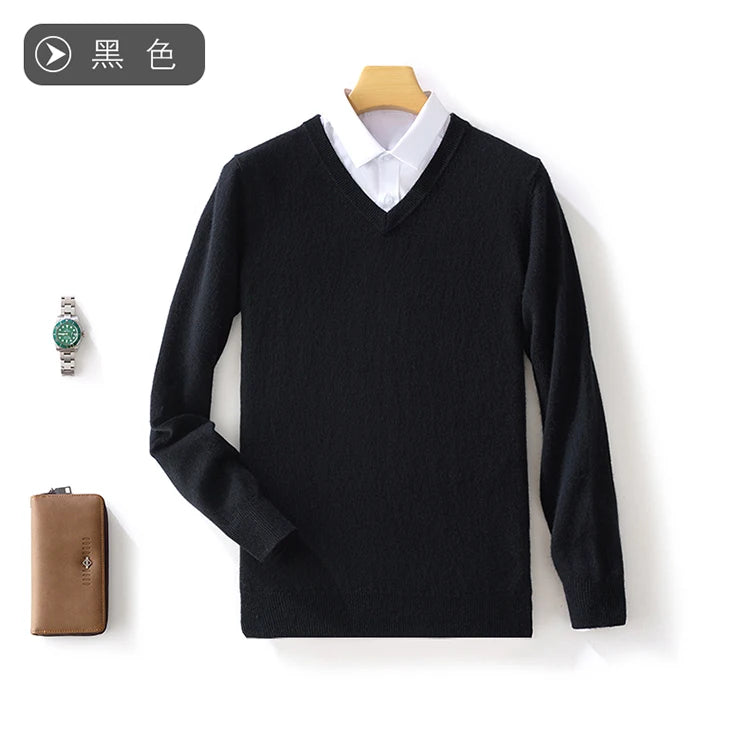 100% Merino Wool Men's V-Neck Pullover Autumn and Winter Basic Knit Versatile Sweater Casual Long Sleeve Shirt Cashmere Man Top