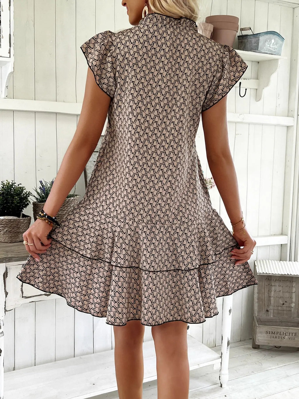 2025 Elegant Women's Casual Loose Ruffle Mini Dress Bohemian Printed V-neck Lace-up Small Flying Sleeve Dresses For Women S-3XL