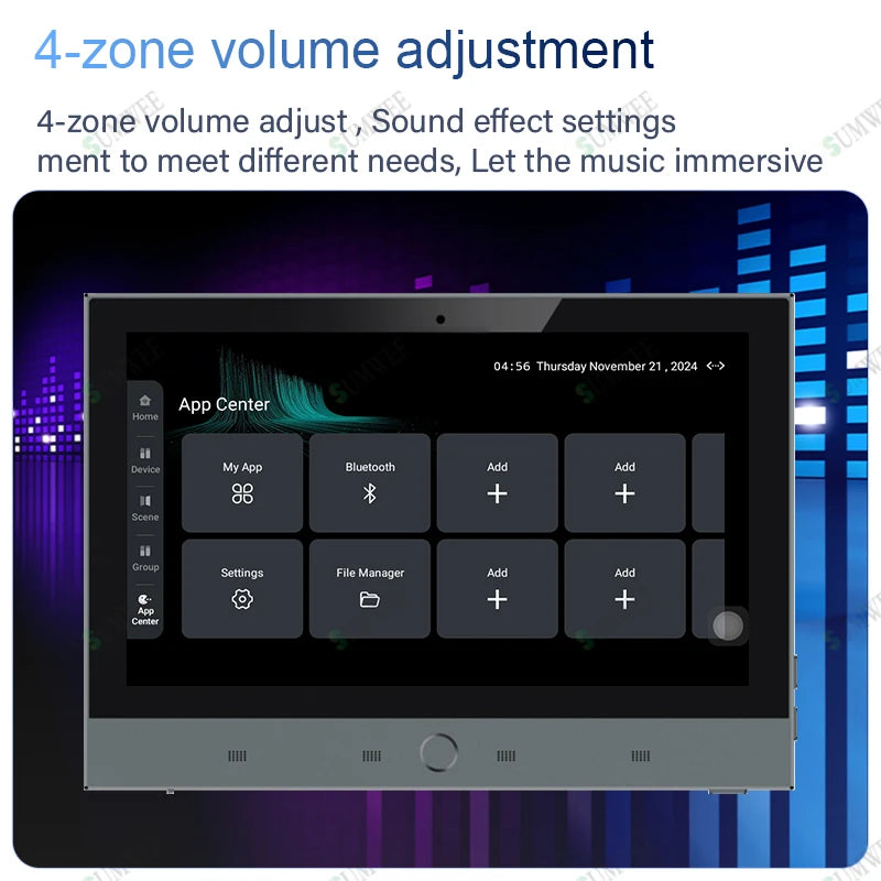 Home 7 inch touch screen Android 11 system 2 zone audio in wall amplifier built-in ZIGBEE gateway TUYA Smart music control panel