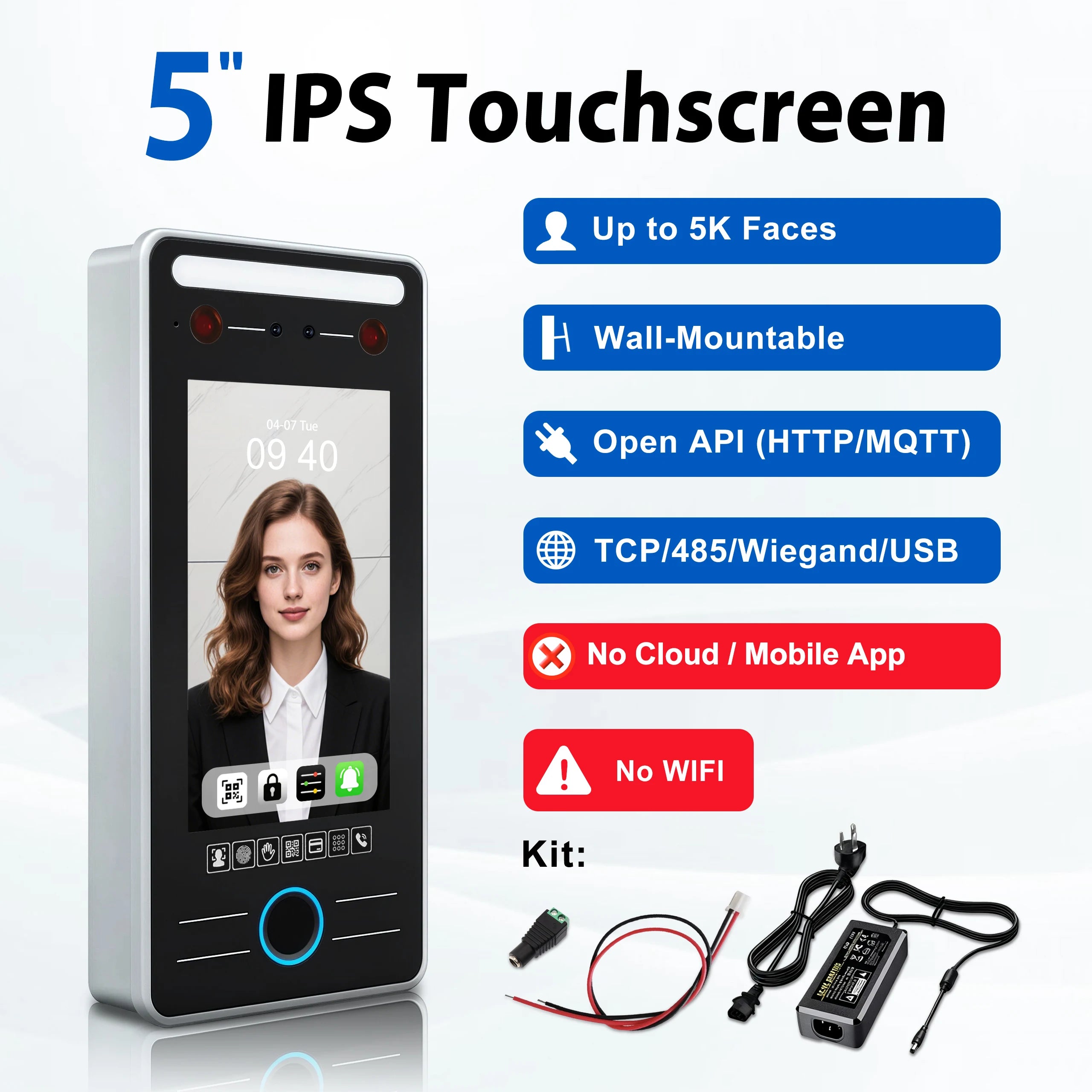 5 Inch 3D Face Recognition Access Control Biometric Fingerprint Palm Vein QR Code RFID Time Attendance Machine WiFi TCP IP