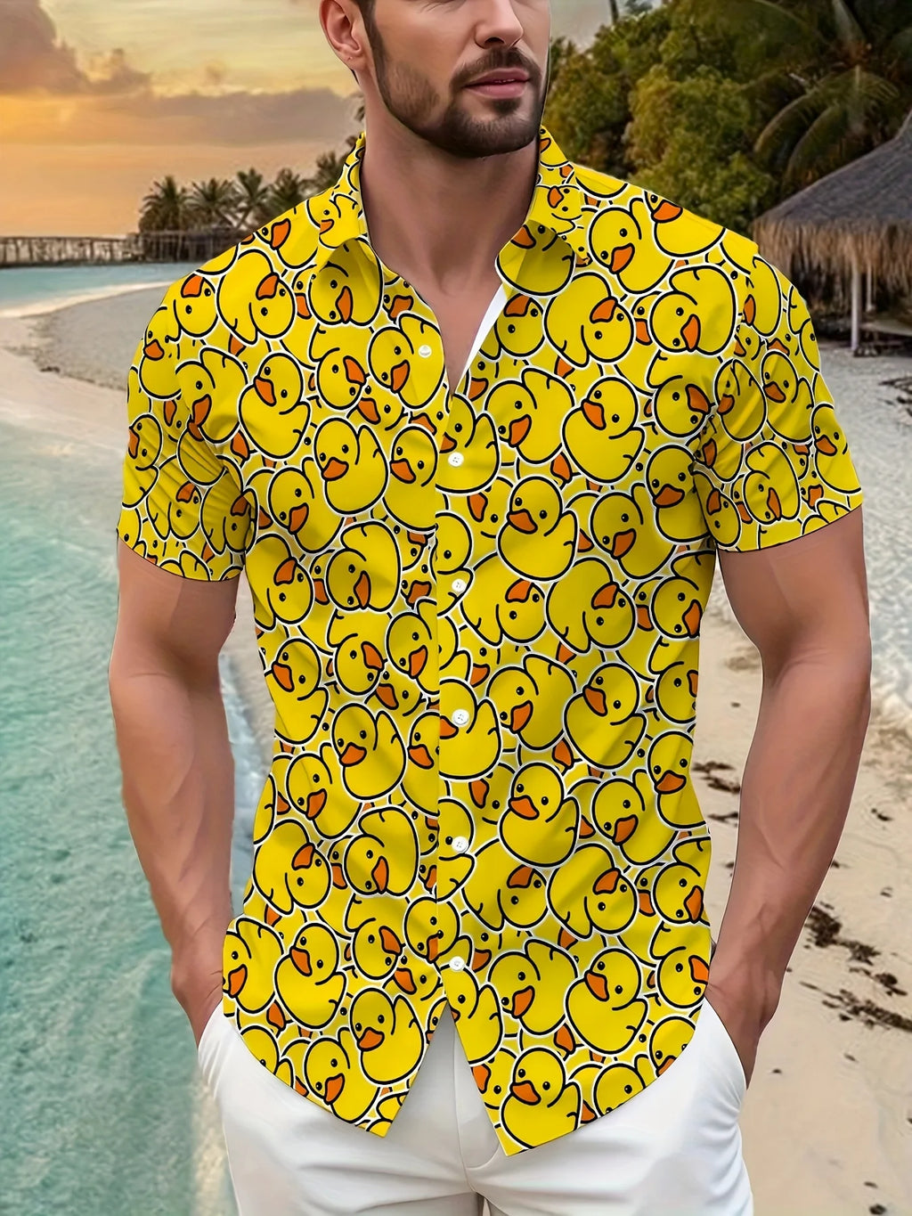 Men's Summer Cute Yellow Rubber Duck Print Hawaiian Shirt Lapel Short Sleeve Button Down Casual Vacation Beach Party Funny Top