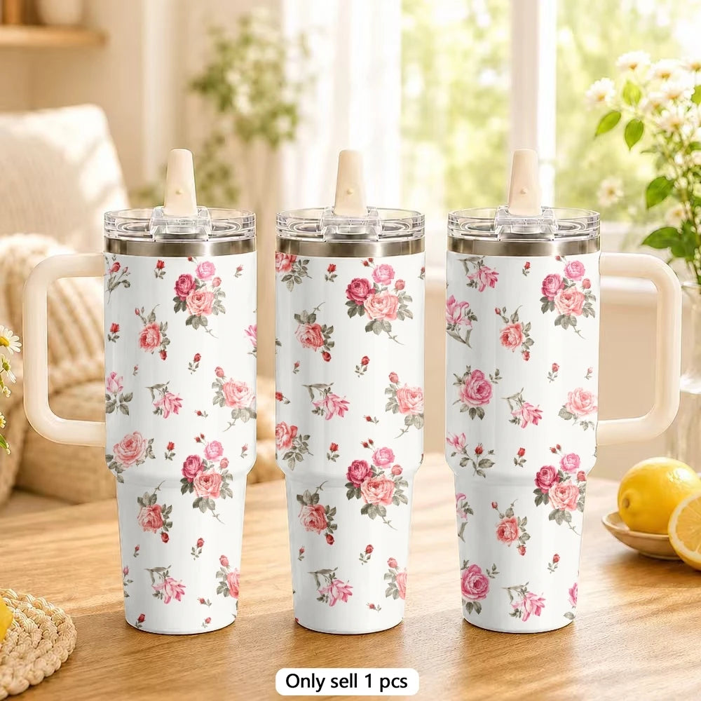 Vintage Floral Style Vacuum Flasks 40oz Stainless Steel Tumbler with Handle Straw Lid Vacuum Insulated Double Wall Leak Proof