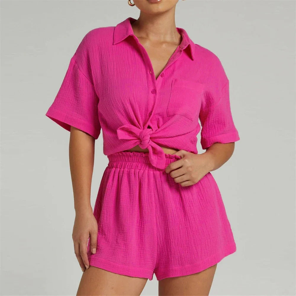 Summer Two Piece Set Women Shorts Suit Green Lapel Long Sleeve Shirts Sets Female Elegant Casual High Waist Pants Lady Outfits