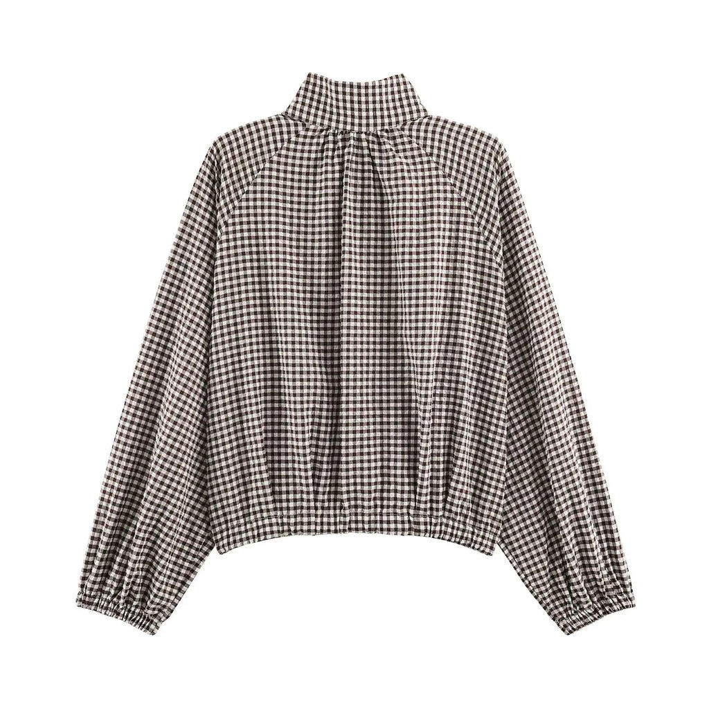 Women's Plaid Jacket, Vintage Gingham Check Coat, Stand Collar Long Sleeve Button Up Outerwear, Loose Casual Autumn Windbreaker