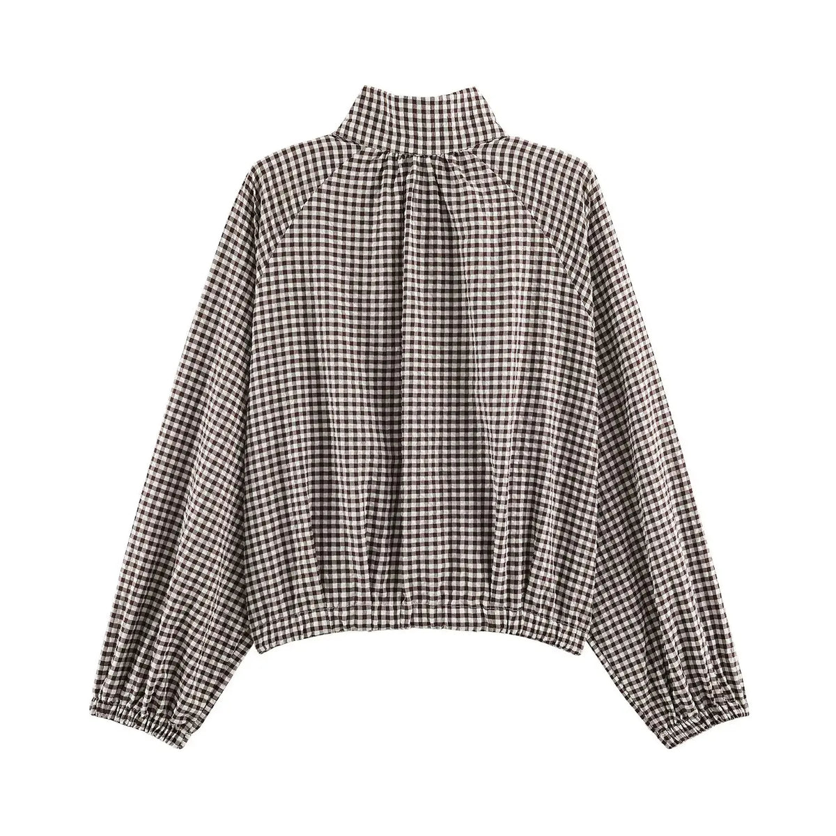 Women's Plaid Jacket, Vintage Gingham Check Coat, Stand Collar Long Sleeve Button Up Outerwear, Loose Casual Autumn Windbreaker