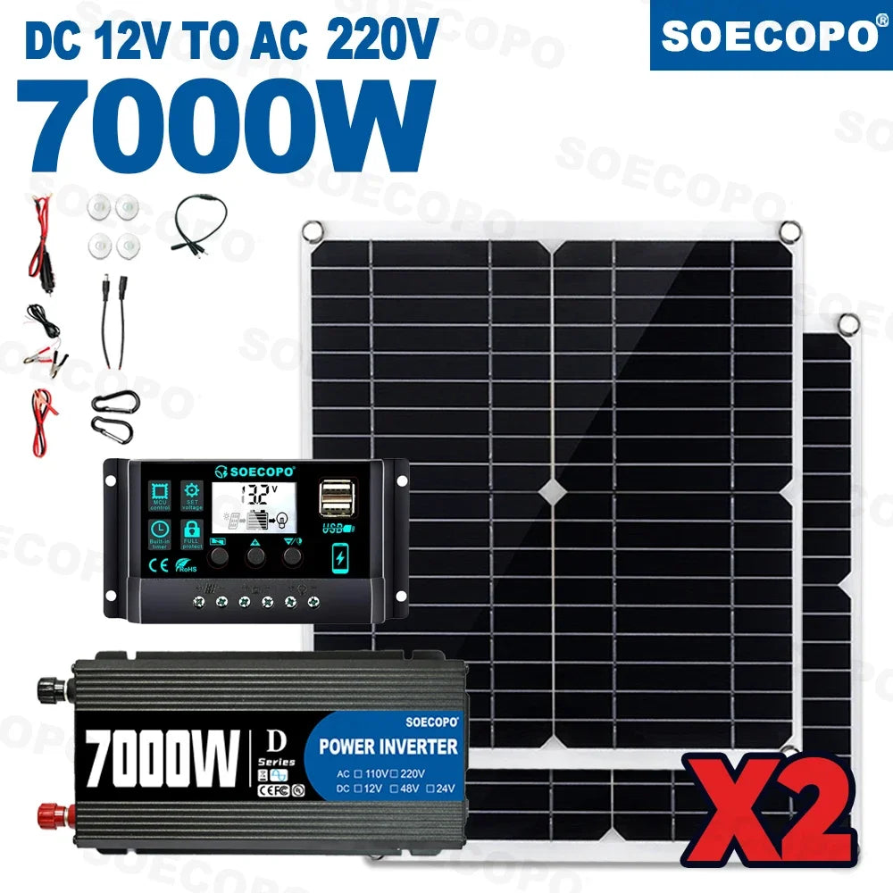 7000W Portable Solar Power Kit 600W High-Efficiency Panel + 100A Controller + 12V to 110V/220V Inverter Ideal for RV Camping
