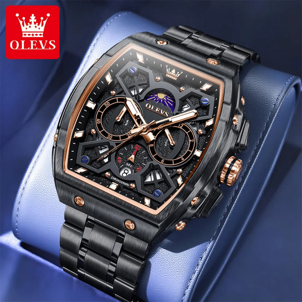 OLEVS 2942 New Mens Watch Tonneau Quartz Watch Stainless Steel Waterproof Sports Moon Phase Date Watches For Man Original Reloj