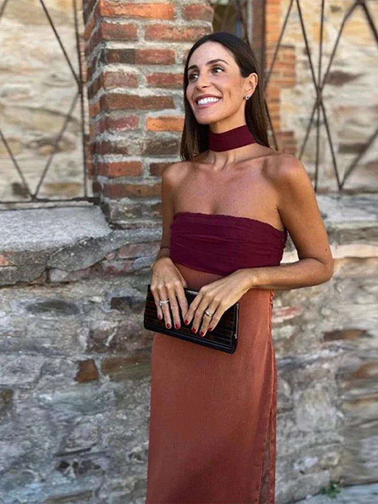 Color Block Twist Bust Slit Maxi Dress Spaghetti Strap Form-Fitting 2026 Summer Fashion Chic Bold Women Wedding Guest Gala Dress