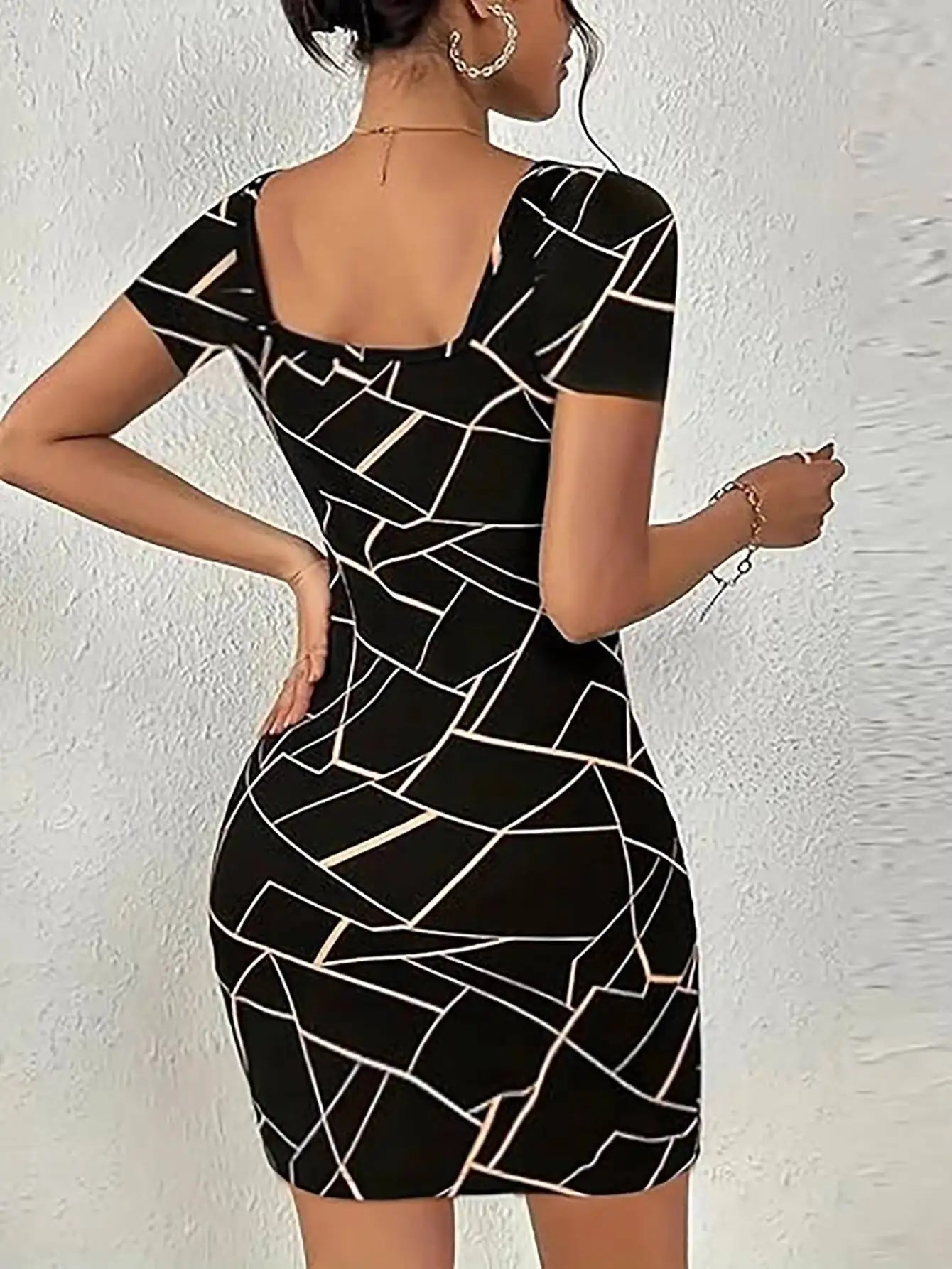 Women Dress Square Neck Short Sleeve Geometric Print Bodycon Mini Dress Sleek Spring Summer Chic Party Club Night Out Flattering