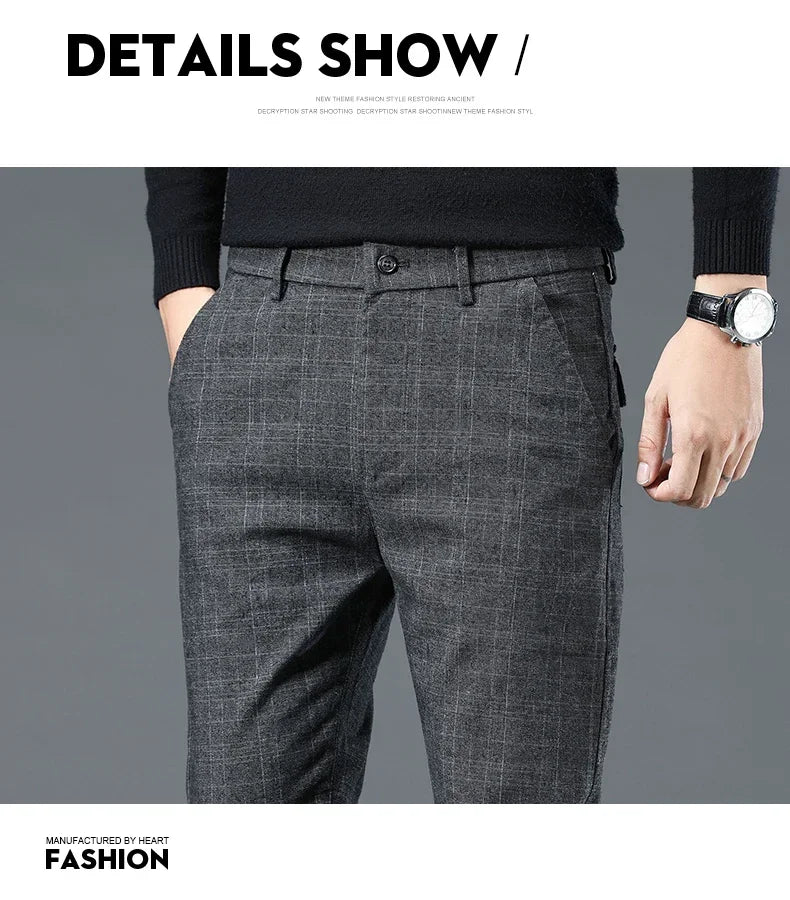 Business Men Pants Spring Autumn Korea Cotton Comfortable Elastic Plaid Casual Fashion Trousers Male Clothing Suit Pant