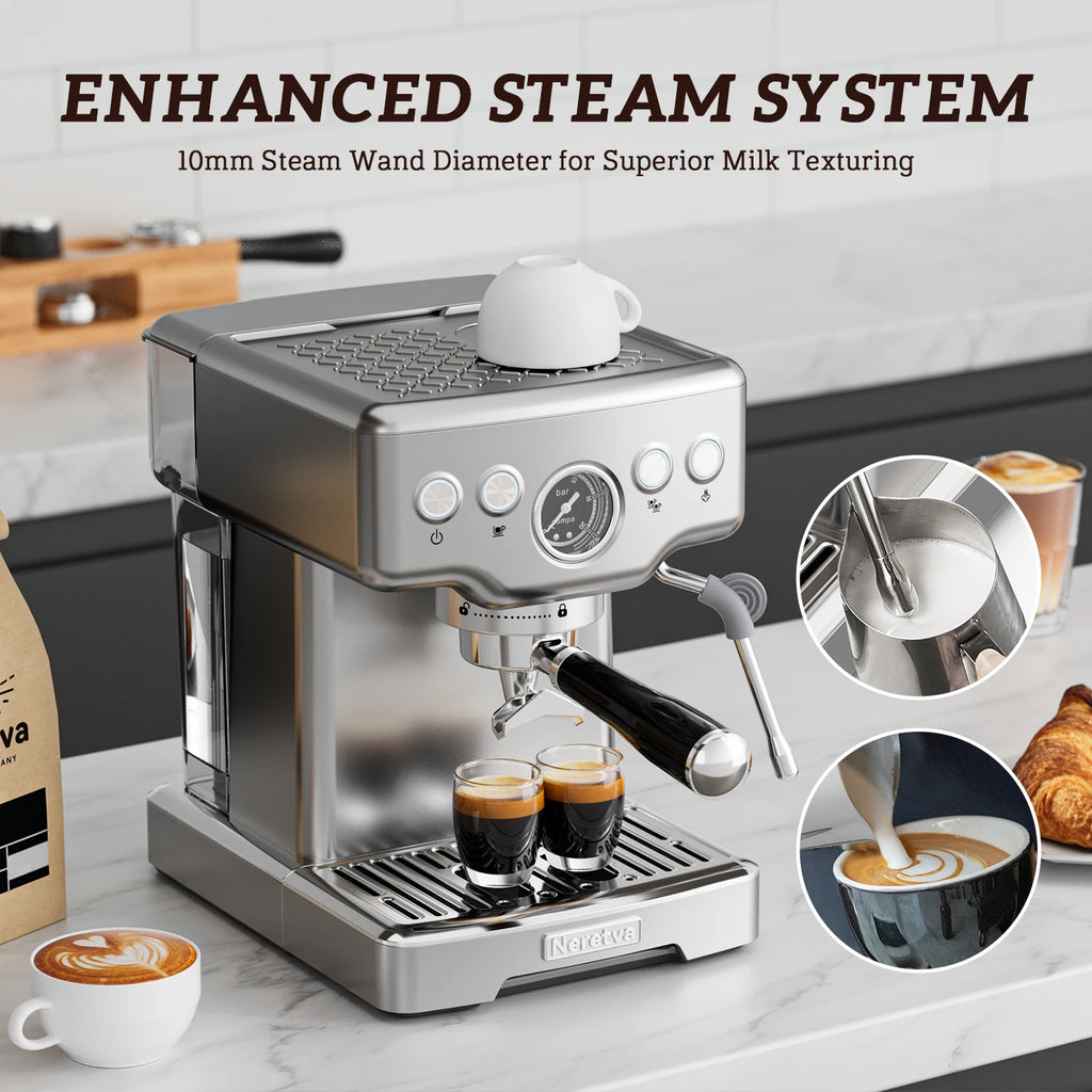 Neretva 15 Bar Espresso Machine with Milk Frother Steam Wand for Cappuccino, Latte, Macchiato, 1450W （220V）