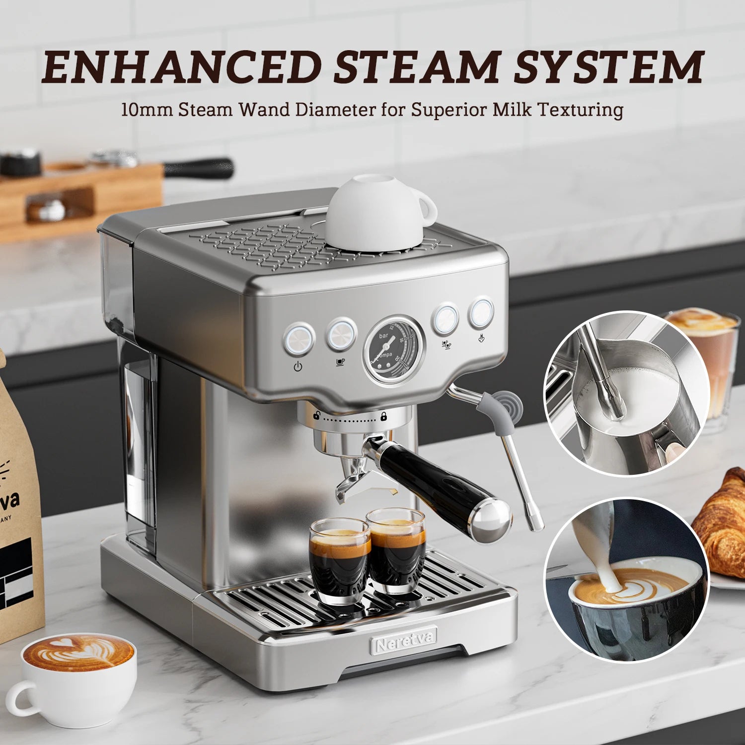 Neretva 15 Bar Espresso Machine with Milk Frother Steam Wand for Cappuccino, Latte, Macchiato, 1450W （220V）