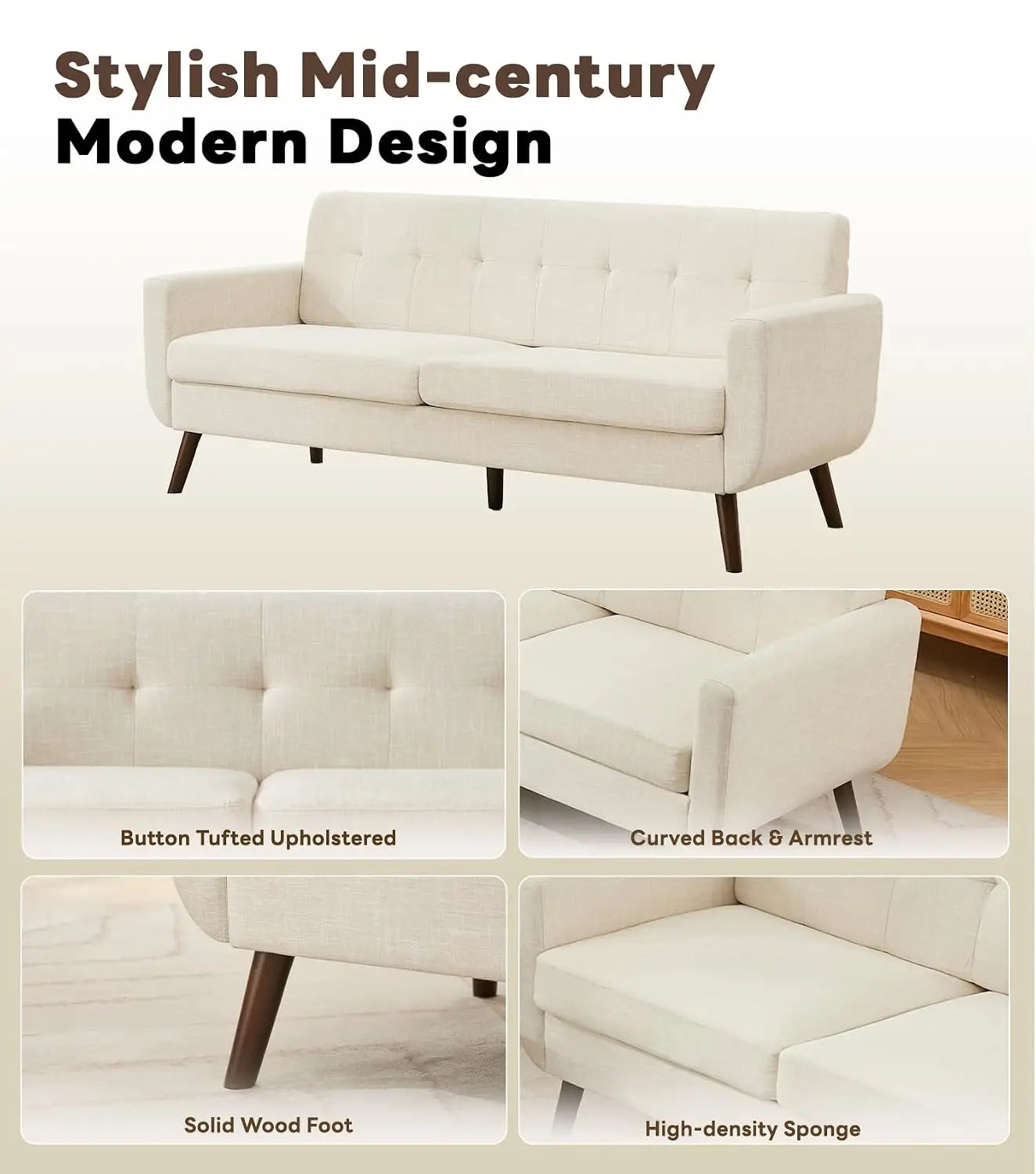 Linen Sofa Loveseat Mid Century Modern Button Tufted Upholstered Solid Easy Install Living Room Bedroom Beige, Customized