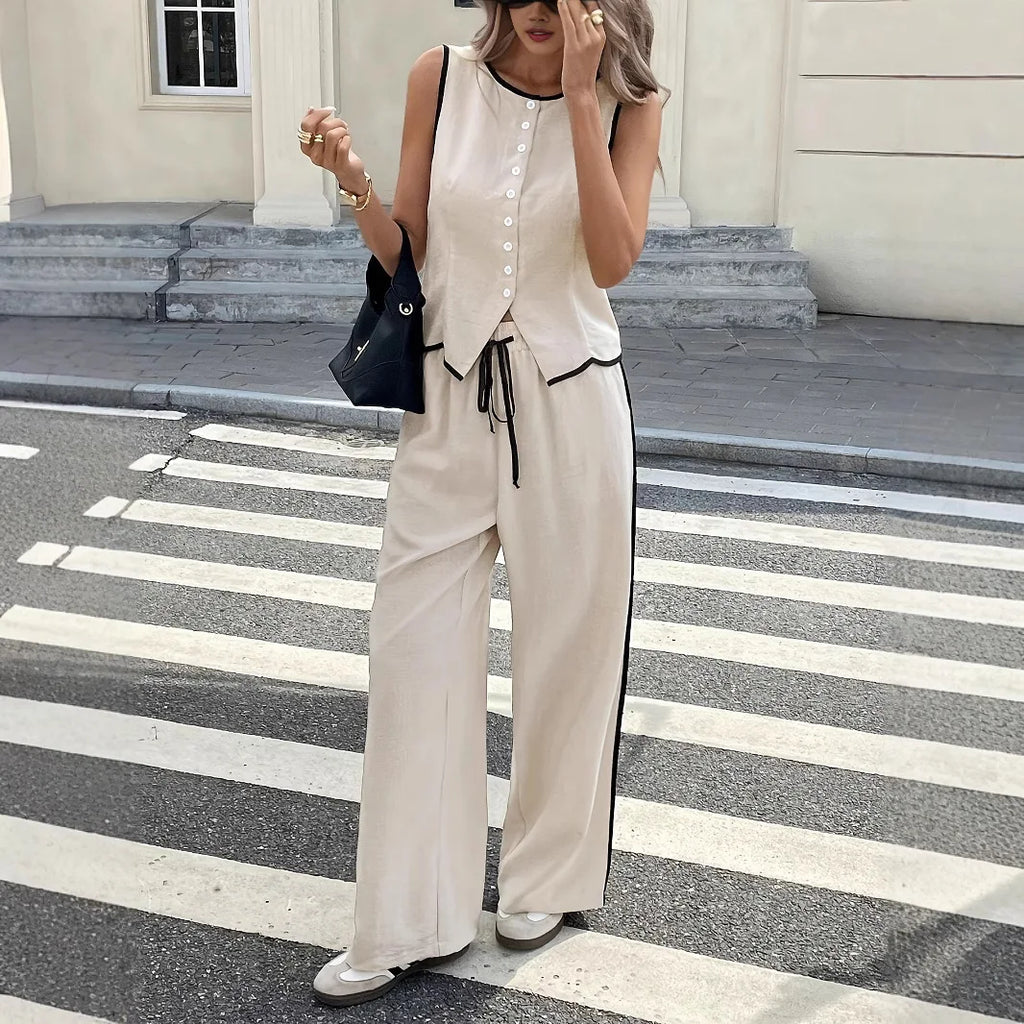 2026 Summer Female Vest Pants Set Solid Sleeveless V-Neck Top High Waist Casual Loose Pant Two-piece Set Office Lady Suit Street