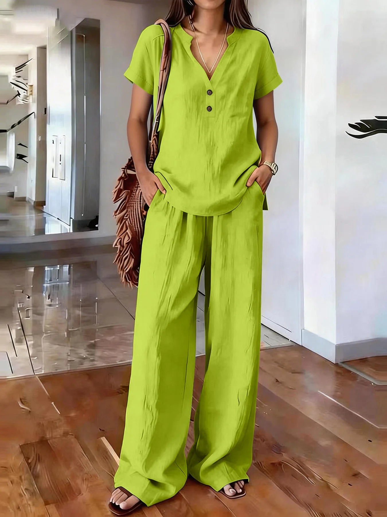 Solid Color Casual Loose Pants Sets For Women 2026 Elegant Summer Women's Two Pieces Suit Full Trouser Set Female Outfit Clothes
