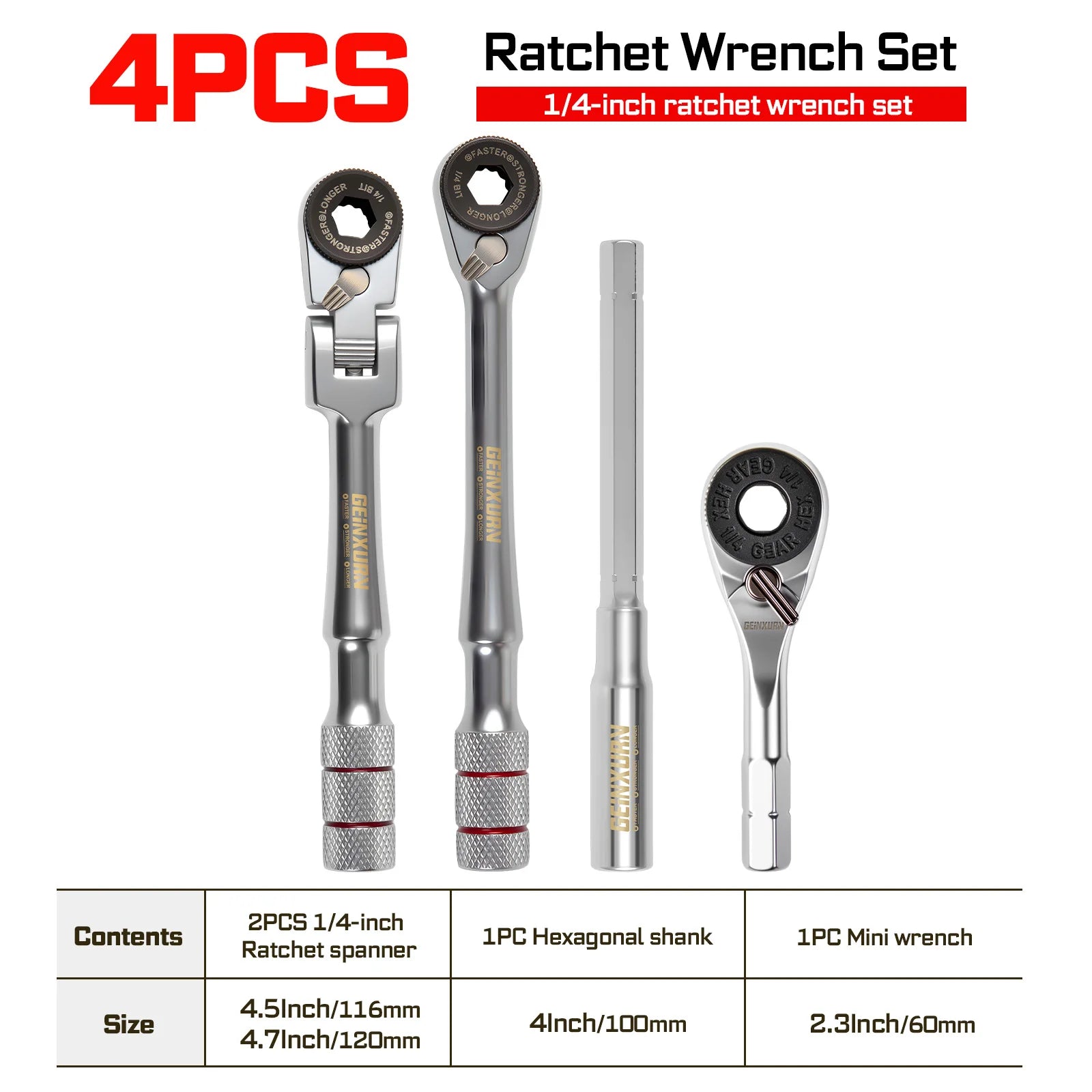 Geinxurn 1/4-inch Ratchet Wrench Set, Multi-Angle Design, Portable Hand Repair Tool Kit, for Confined Spaces & Daily Repairs