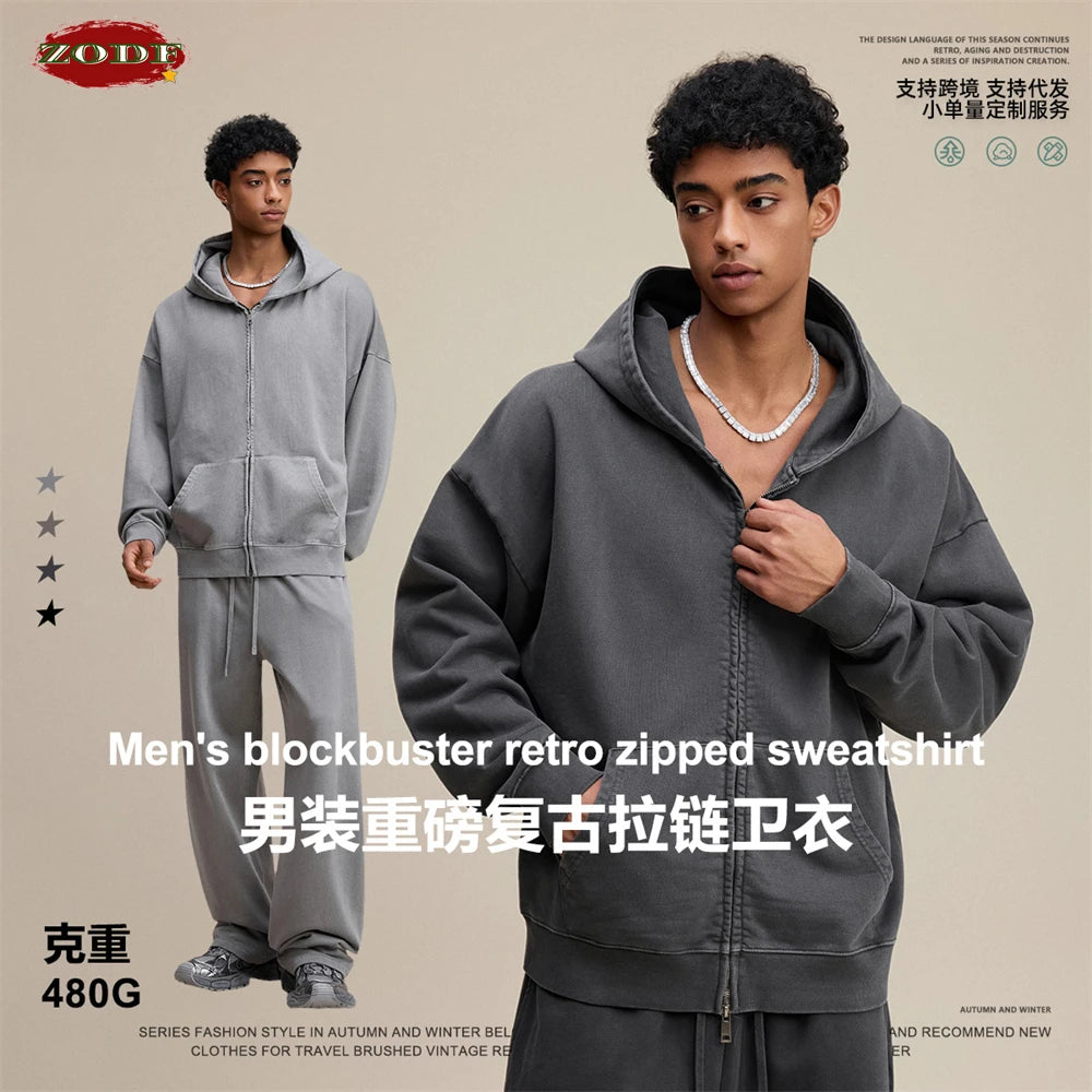ZODF 2025 Autumn Men Heavy Weight 480gsm Hoodies Unisex Retro Washed Terry Cotton Distressed Hooded Coats HY1110
