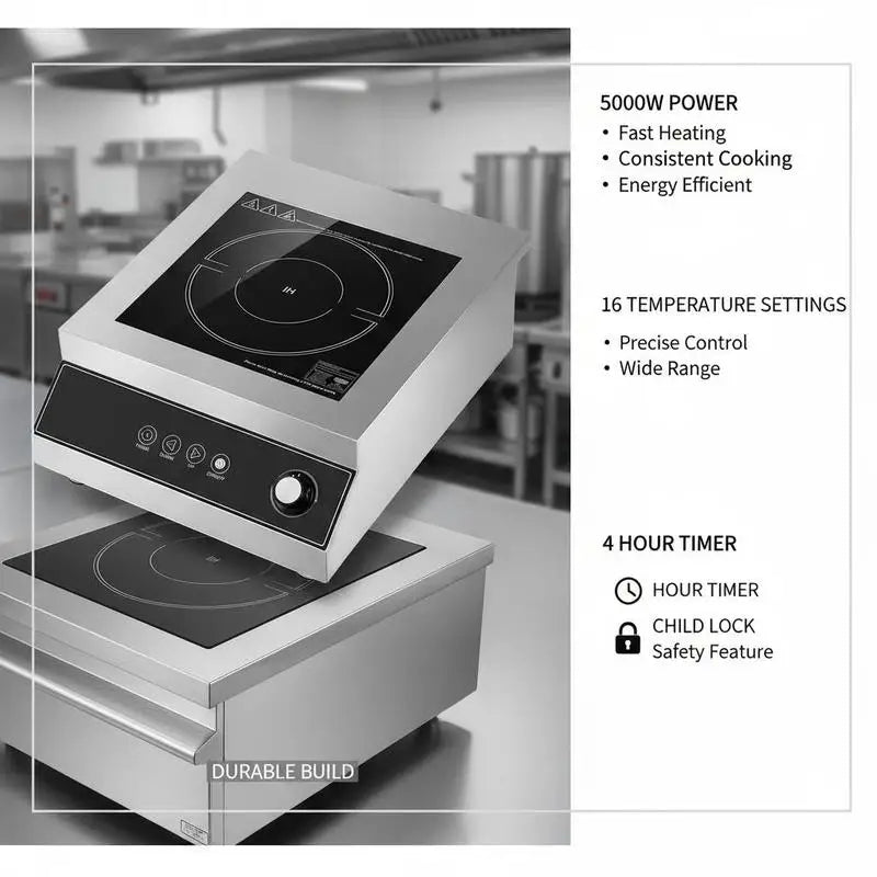 Portable Induction Cooktop, 5000W Commercial Induction Burner with 16 Temperature Settings, Stainless Steel Countertop Induction Hot Plate with 4H Timer, Child Lock, for Restaurant Cooking