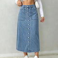 Women's High-Waisted Light Blue Denim A-Line Skirt with Large Pockets and Button-Down Front—Comfortable, Versatile, Flattering,