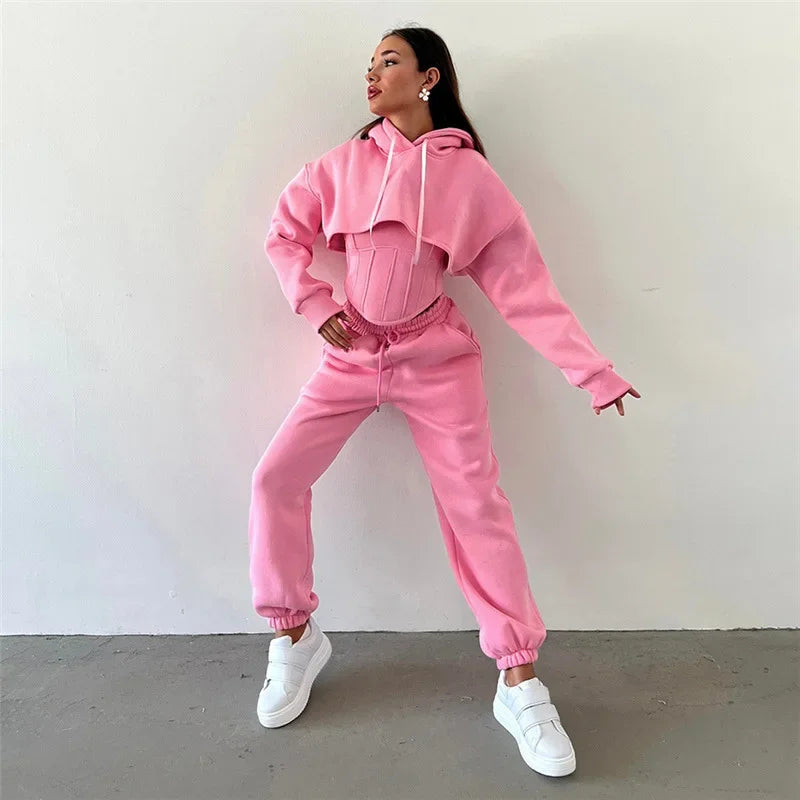 Y2K Sexy Sportswear Women's 3 Piece Set Long Sleeved Hooded Cardigan+slim Fit Strapless Vest+straight Leg Wide Pants