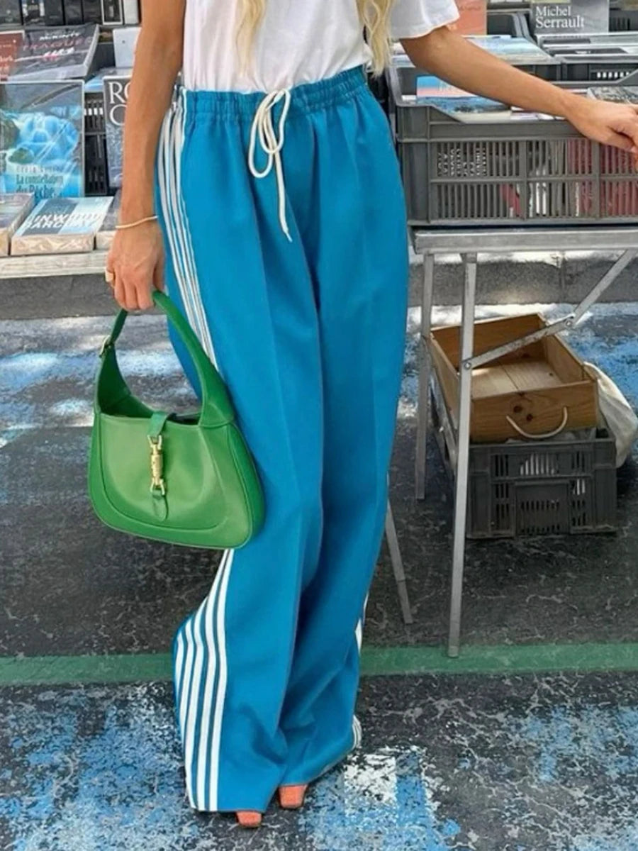 Women's Striped Pants Loose Elastic Waist Drawstring Straight Leg Casual Sweatpants with Pockets y2k Low Rise Baggy Trousers