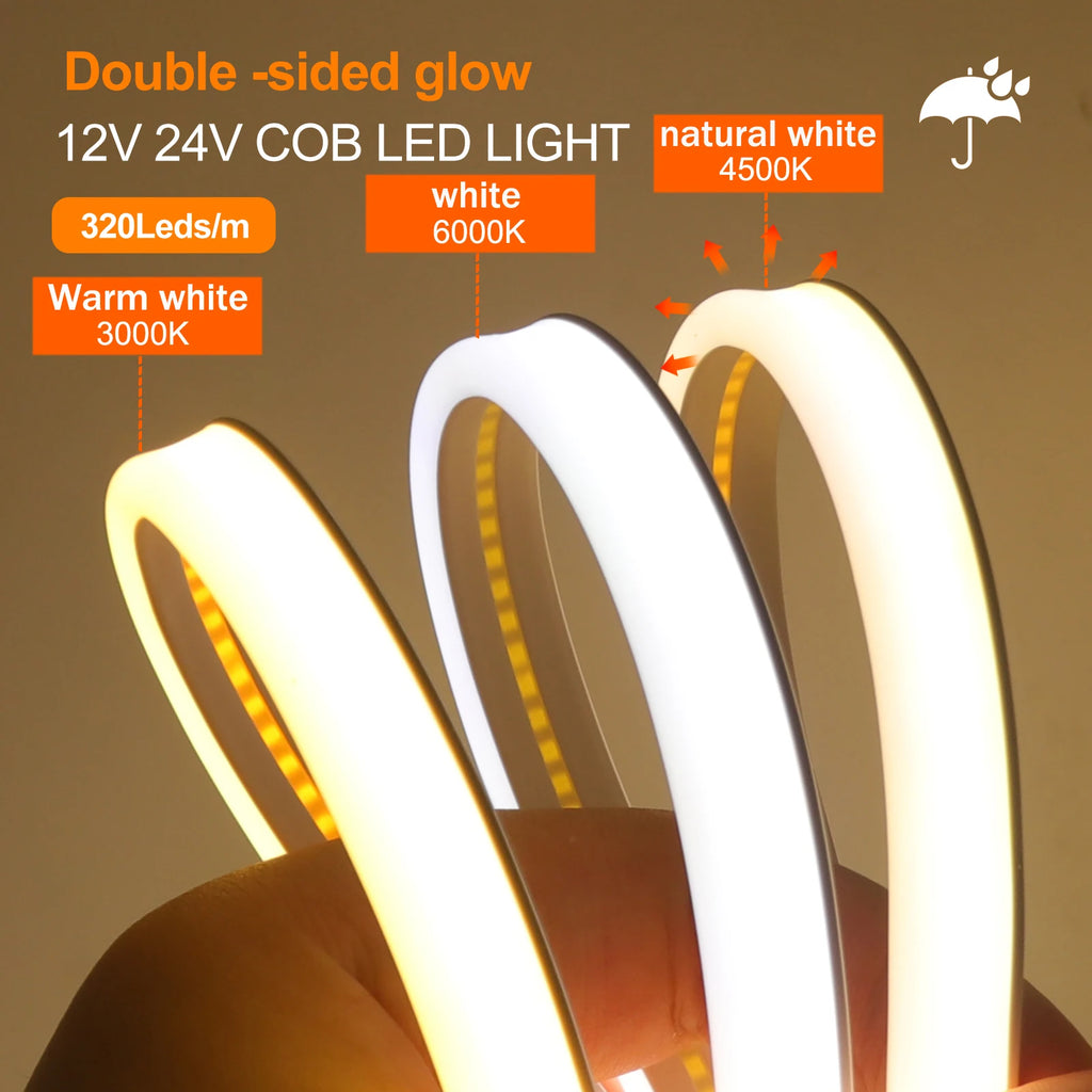 12V 24V COB LED Strip Light Double Side Glow Waterproof Flexible LED Neon Tape 320LEDs High Density Linear Lighting 0.5-20M