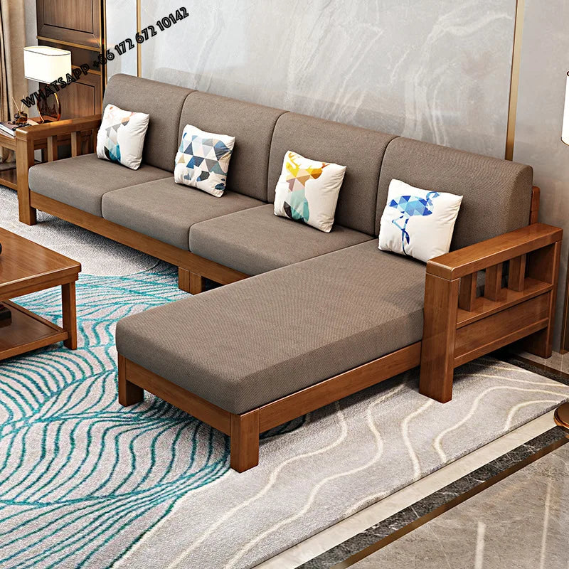 Solid wood sofa combination modern simple small apartment e****mical fabric sofa new Chinese living room storage wooden sofa