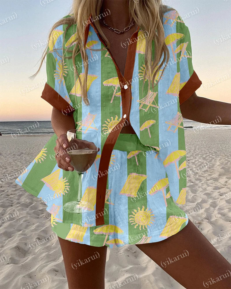 Summer Fashion Colorful Printed Blouse Shorts Two Pieces Sets Women Lapel Short Sleeve Button Shirt Suit Beach Holiday Outfits