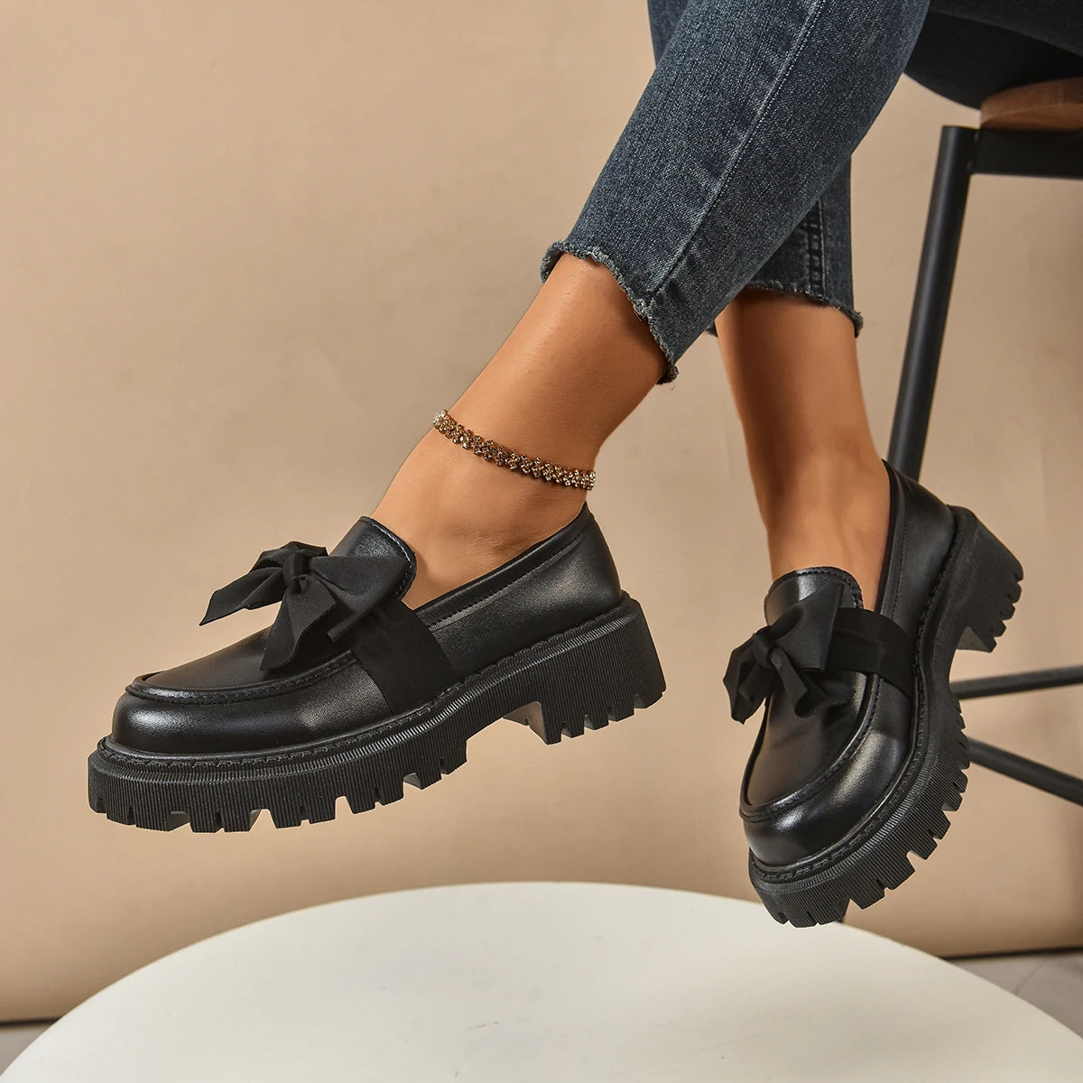 Women's British Style Loafers bowknot Chunky Heel Leather Flats Autumn Slip-On Shoes Versatile Work Shoes Platform Oxford 636