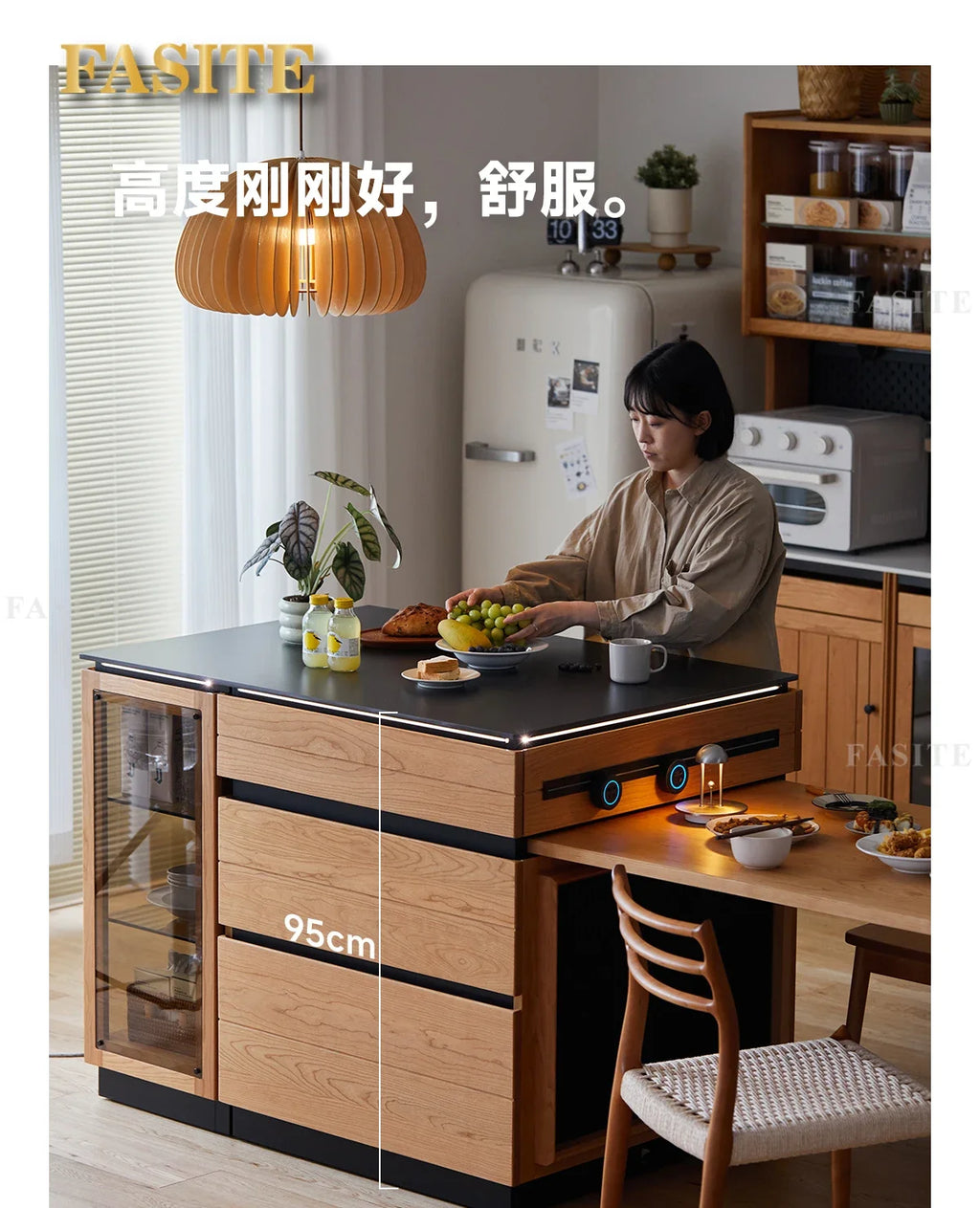 Solid wood island table retractable small apartment open integrated bar cabinet rock locker