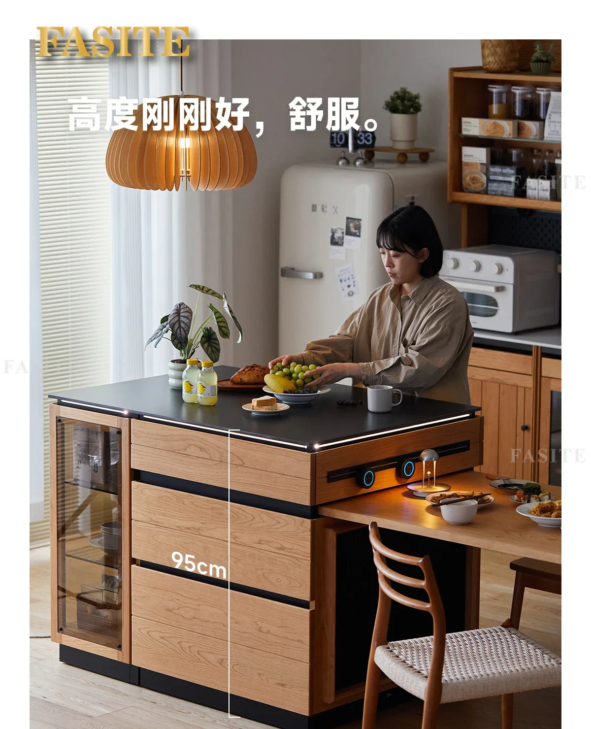 Solid wood island table retractable small apartment open integrated bar cabinet rock locker