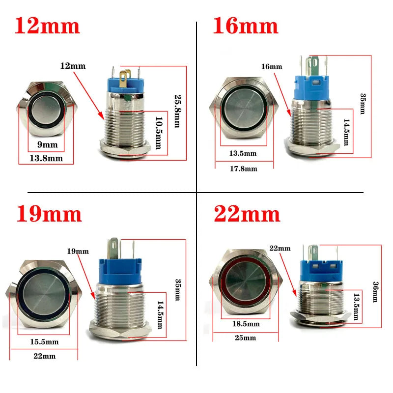 5PCS Metal Push Button Switch 12/16/19/22mm Momentary Latching Electric On/Off Power Start/Stop LED Light 5V 12V 220V Red Blue