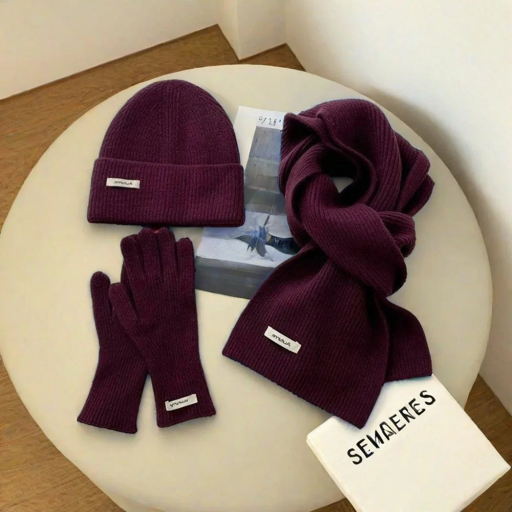 Knitted Winter Scarf Woman Solid Color Hat Scarf Gloves Women's Windproof Adult Three-piece Set Fashion Women's Scarf Hat Set