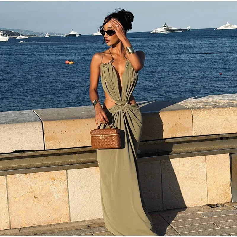 Sexy Hallow Out Long Party Dress Women Slim Sleeveless Backless Chic Pleated V-neck Ring Dresses Female 2026 Summer Lady Robe