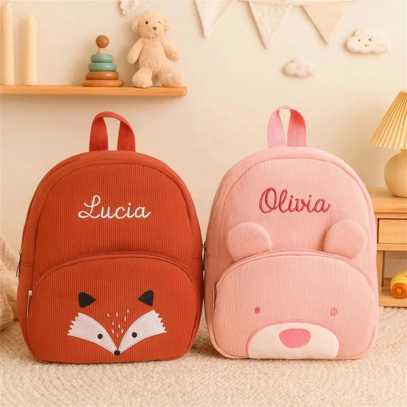Personalized Name Embroidered Kids Backpack Pastel Corduroy Toddler Bag Soft Ribbed Fabric School Pack Cute Kindergarten Gift