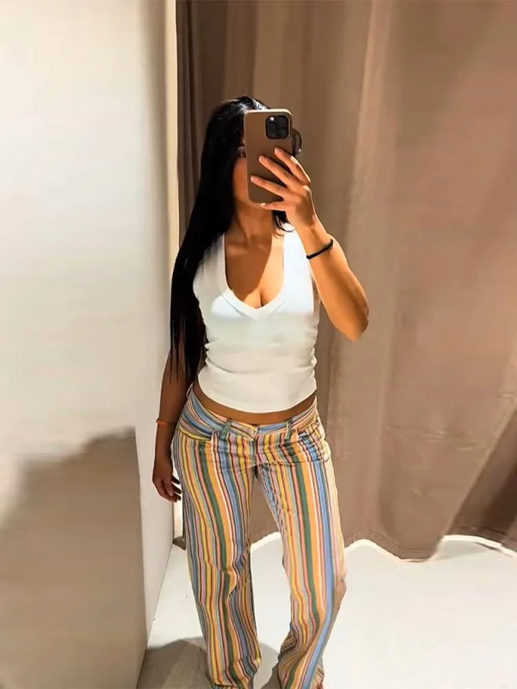 Multicolor Striped High Waisted Pants Straight Leg Retro Full Length Colorful Trousers 2026 Spring Casual Fashion Daily Wear