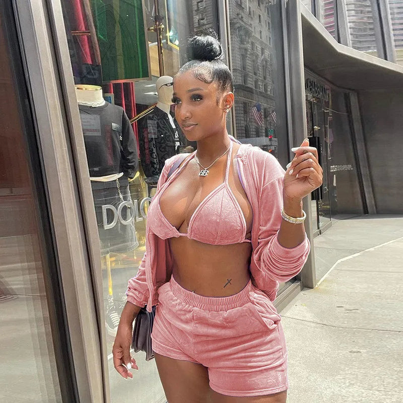 Velvet Tracksuit 3 Piece Set Women Fall Outfits Zipper Hoodies Jacket + Bra + Shorts Sets Sporty Matching Sets Jogging Femme