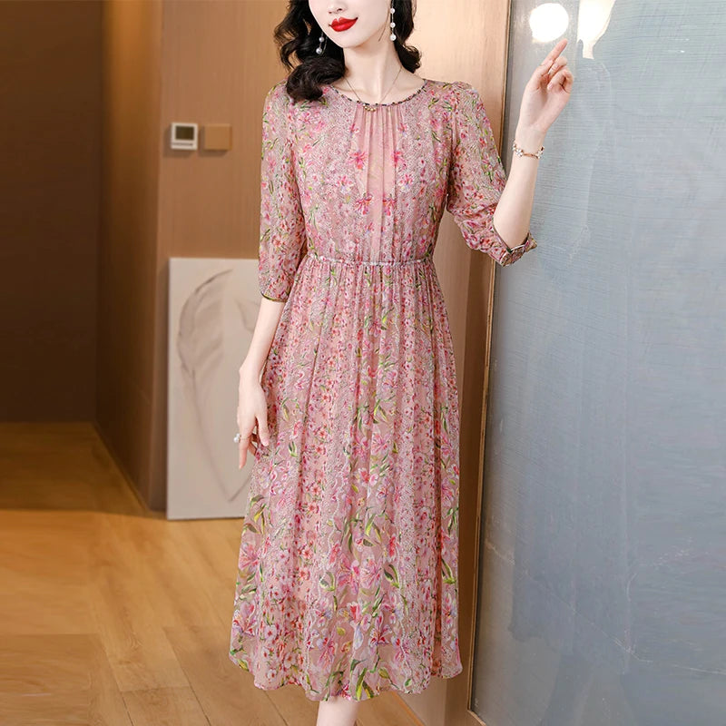 2025 Summer Floral Silk Beach Midi Sundress Women Boho Fashion Casual Light Dress Spring Korean Elegant Luxury Festival Vestidos