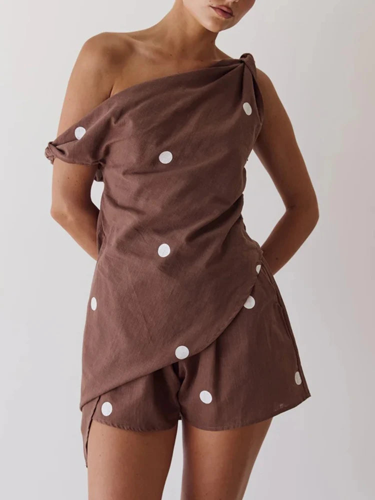 Fashion Pattern Printed Loose Beach Suit Irregular Holiday Set Ladies Diagonal Collared Sleeveless Top with Shorts Summer Outfit