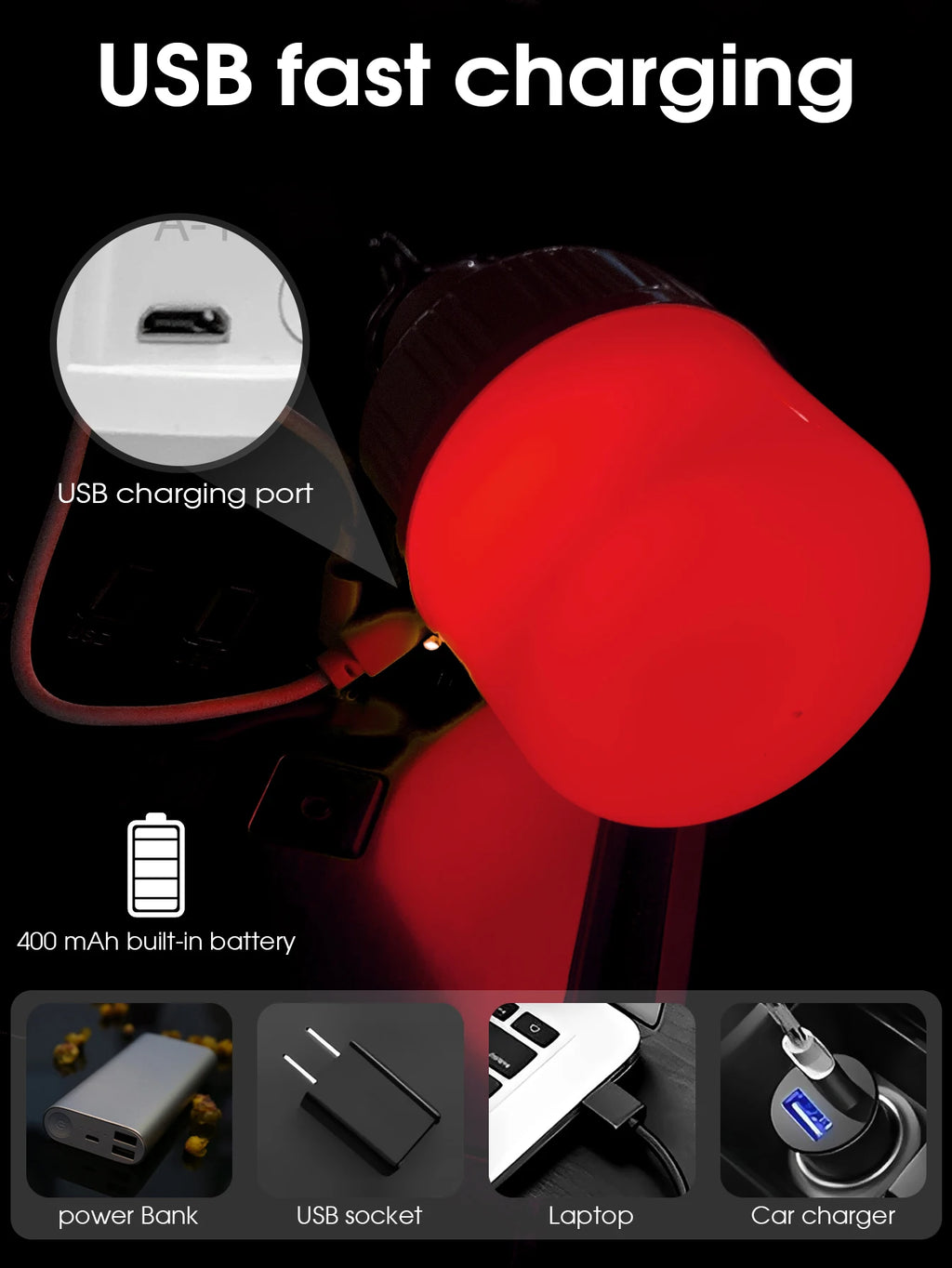 Camping Light Bulb Emergency Night Lighting Flashlight Outdoor Picnic Hanging Pendant Tent Lamp 500mAh USB Rechargeable LED Bulb