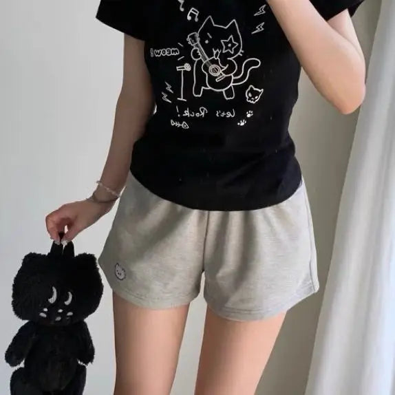 Cotton Shorts Women Print Cute Pantalones Cortos De Mujer 2025 New Bottoms Casual Fashion Elastic Waist Summer Wide Leg Pants