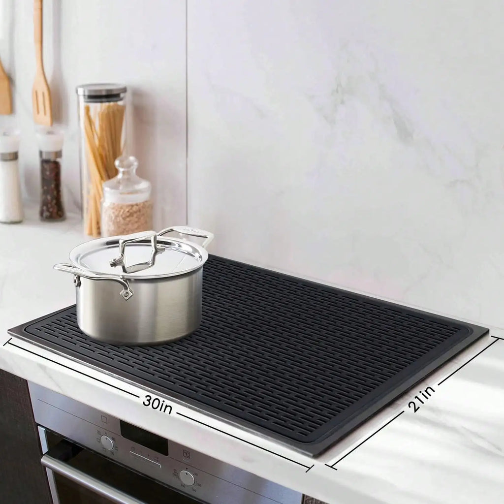 Premium 28"X20" Silicone Stove Top Cover Mat Heat Resistant Glass Cooktop Protector Multi Purpose Black Pad For RV Range Dish Drying Under Sink Pet Feeding Kitchen Storage Ideal Housewarming Gift