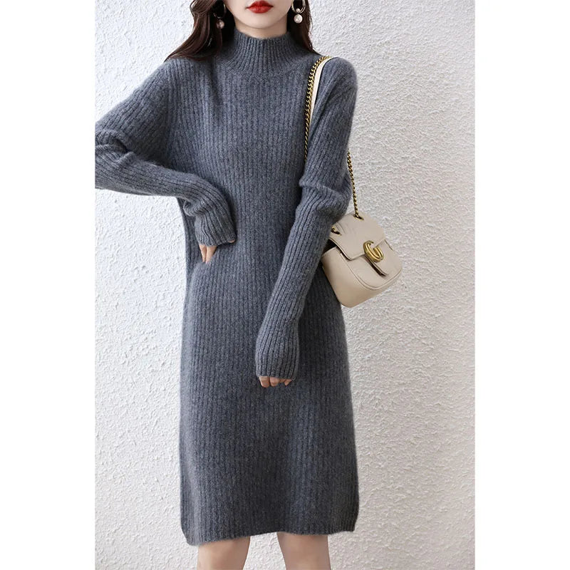 Fashion Cashmere Sweater Womens Knitted Dresses 100% Merino Wool Turtleneck Elegant Dress Autumn Winter Long Sleeve Short Skirts